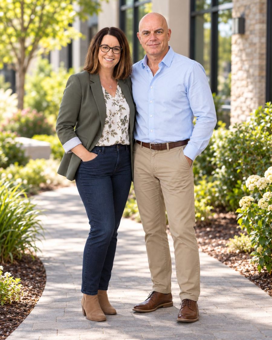 Molly Hinke-DeWild, LISW, and Matt DeWild, RN, founders of X360 Weight Loss, outdoors on a garden path