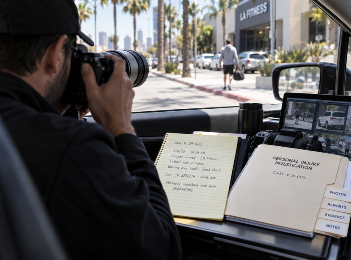 A private investigator conducting vehicle surveillance on a California street, photographing a subject while maintaining a handwritten observation log and personal injury case file.