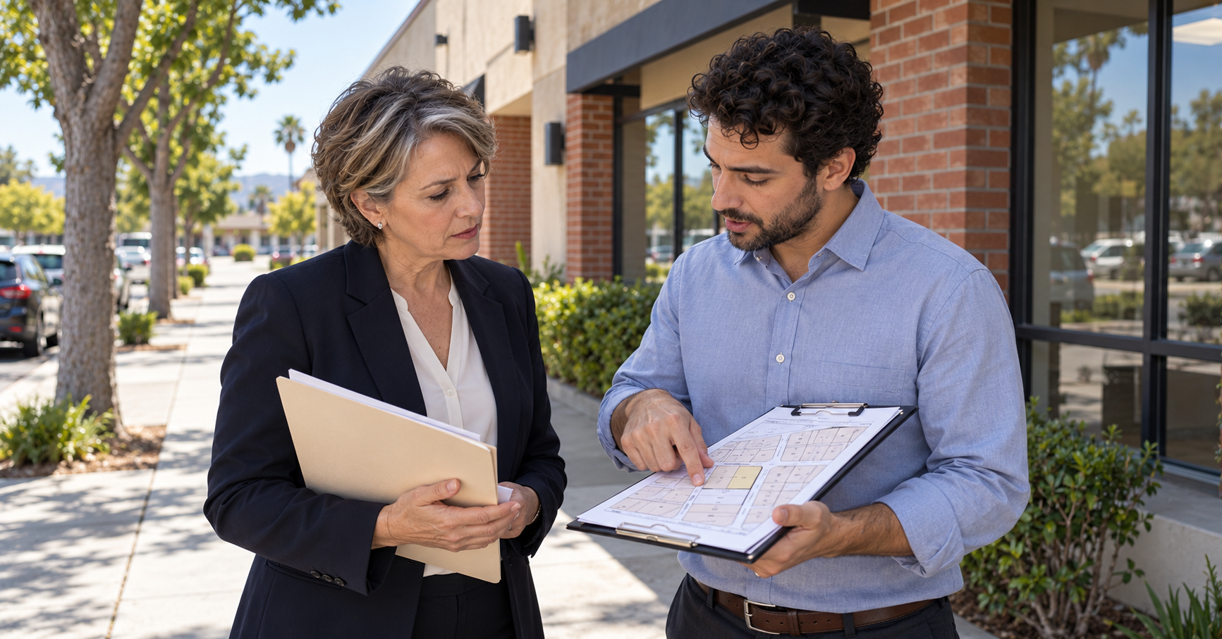Two professionals reviewing a parcel map outside a commercial property