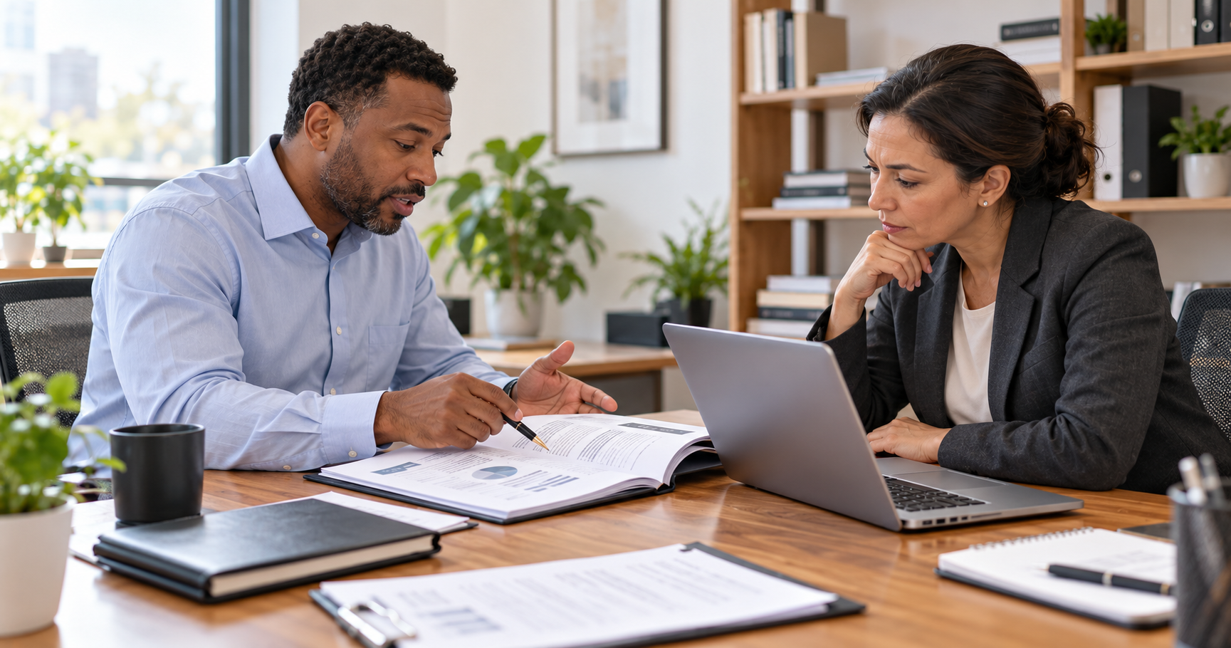 Business owner and consultant reviewing a company report and laptop in an office