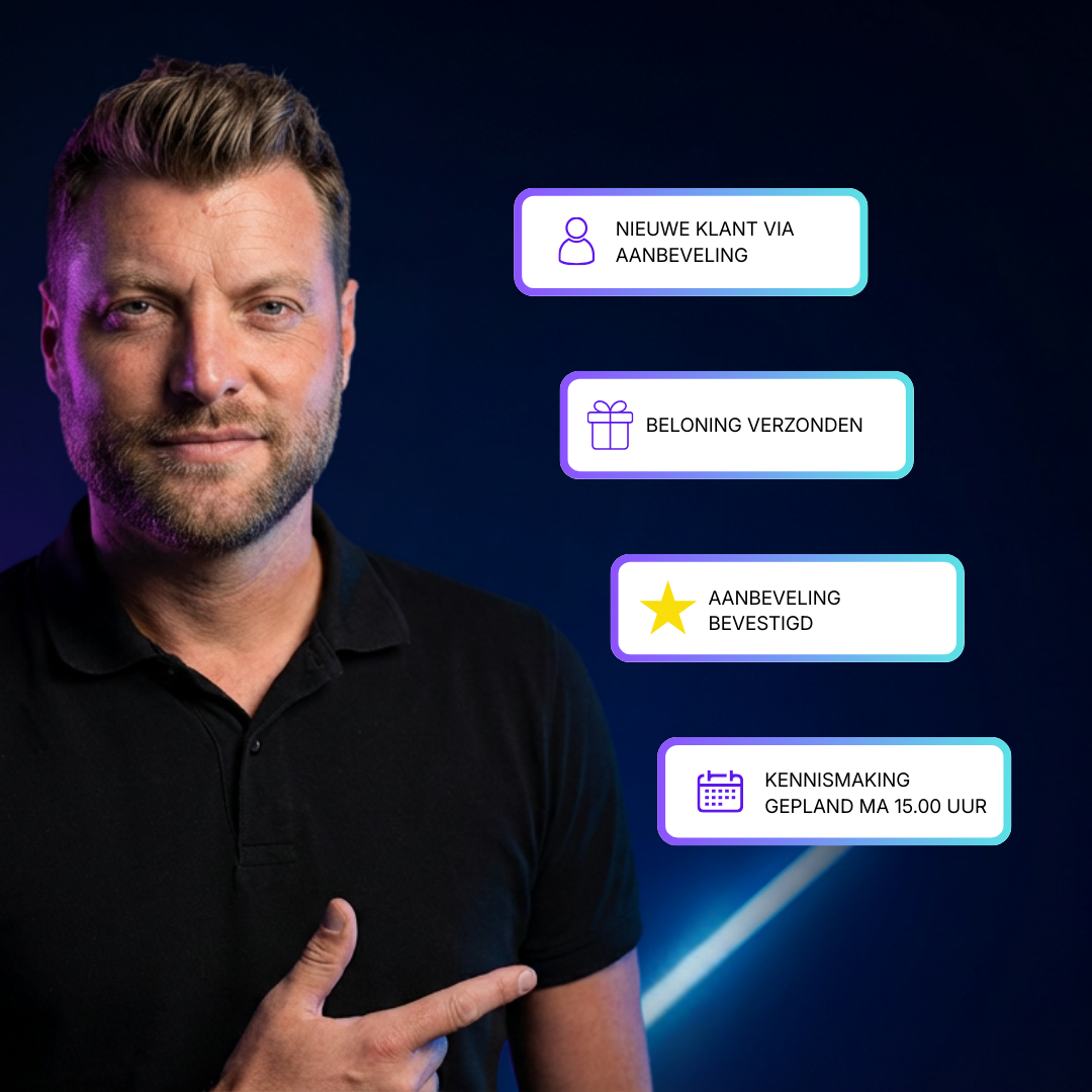 Man in een studio-omgeving die wijst naar meldingen over een nieuwe klant via aanbeveling, verzonden beloning, bevestigde aanbeveling en geplande kennismaking, als voorbeeld van een geautomatiseerd referralsysteem.