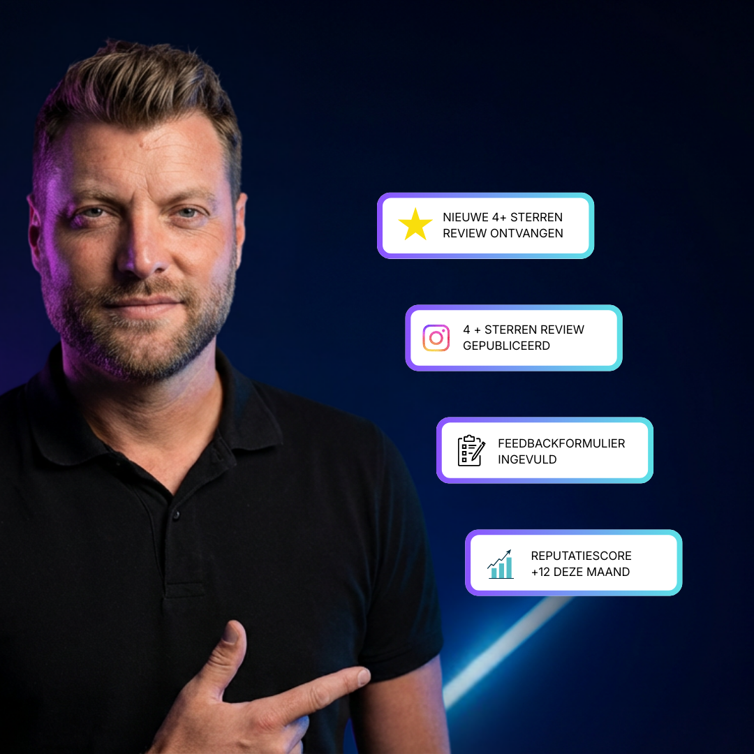 Man in een studio-omgeving die wijst naar meldingen over een ontvangen 4-sterrenreview, gepubliceerde review, ingevuld feedbackformulier en stijgende reputatiescore, als voorbeeld van een geautomatiseerd reviews- en reputatiesysteem.