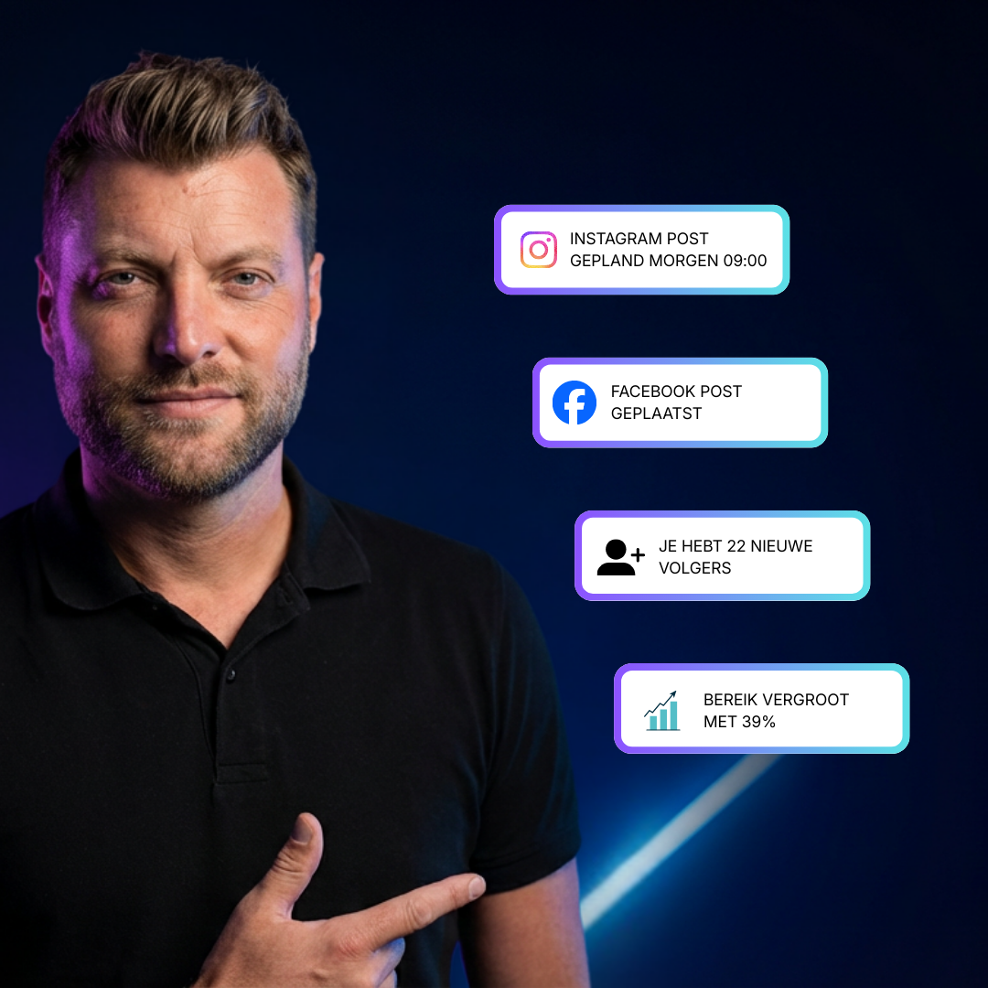 Man in studio-omgeving die wijst naar meldingen over een geplande Instagram-post, geplaatste Facebook-post, nieuwe volgers en groeiend bereik, als voorbeeld van geautomatiseerd social media beheer binnen het groeisysteem.