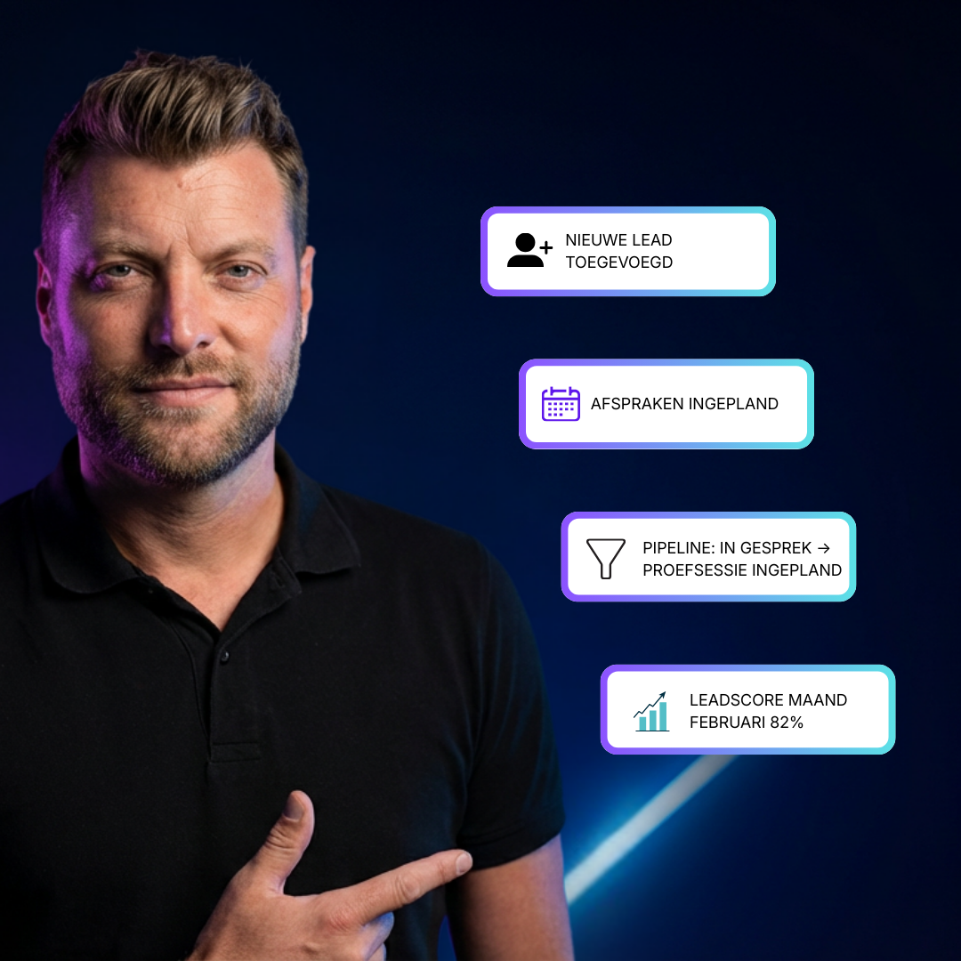 Man in een studio-omgeving die wijst naar meldingen over een nieuwe lead, ingeplande afspraken, een pipeline-update en een maandelijkse leadscore, als voorbeeld van een geautomatiseerd CRM- en opvolgsysteem binnen het groeiplatform.
