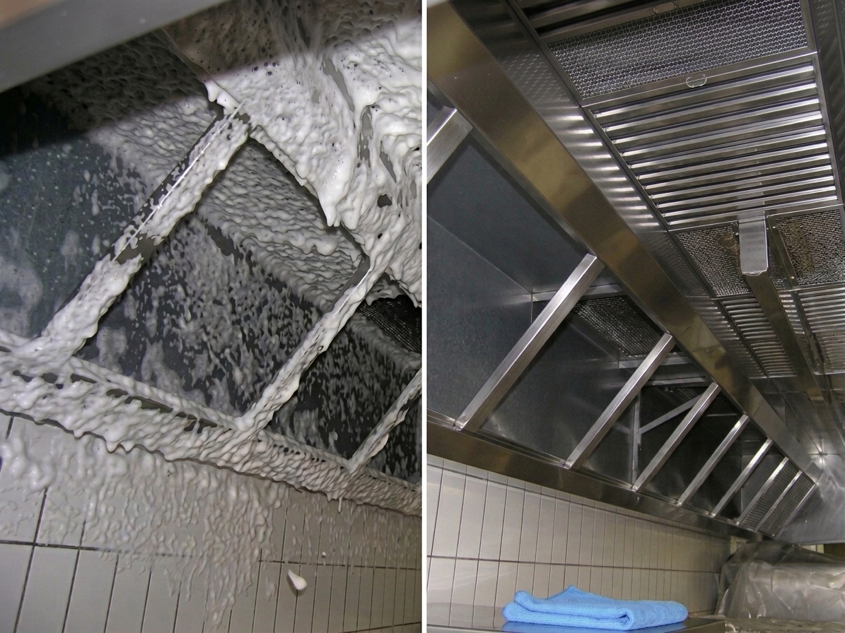 Campana de cocina industrial durante el lavado con espuma y el mismo equipo ya limpio