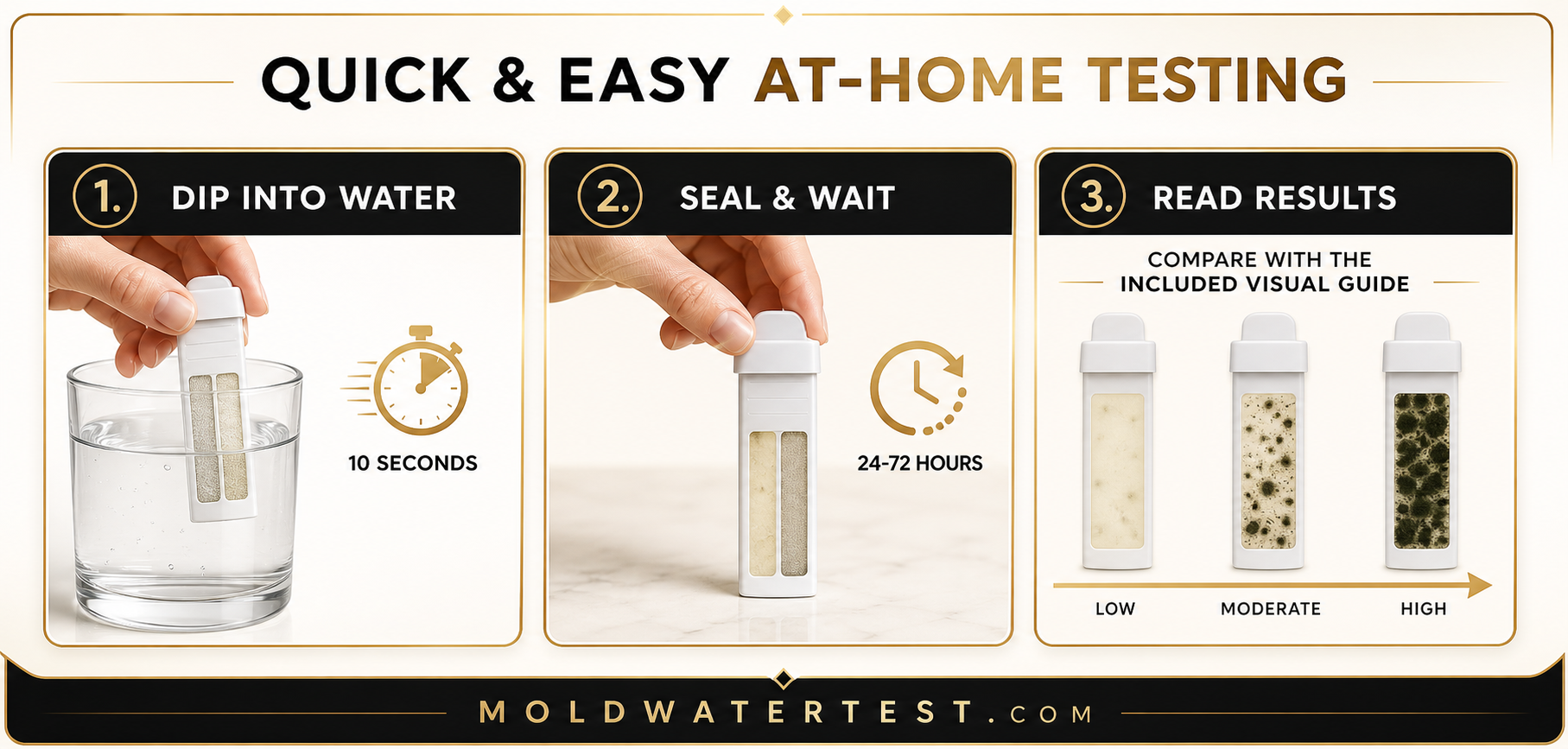 Three-step MoldWaterTest.com process: dip into water, seal and wait, then read the visible results