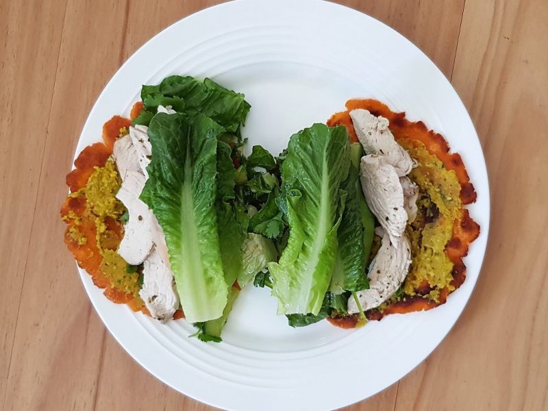 Chicken salad sweet potato wrap with butternut squash hummus