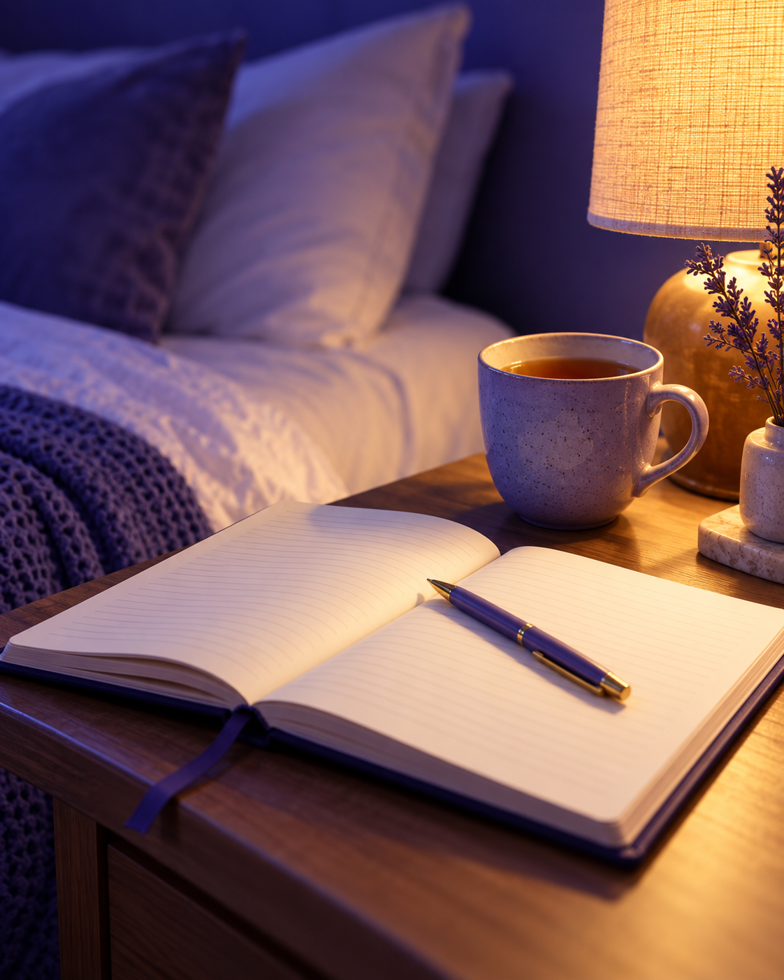 An open journal and a cup of herbal tea beside a bedside lamp