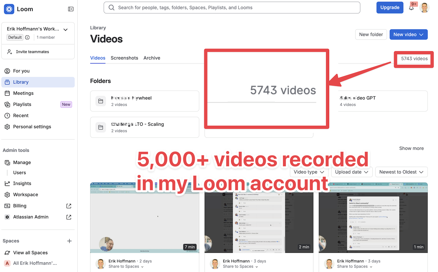 Loom library showing 5,743 recorded videos