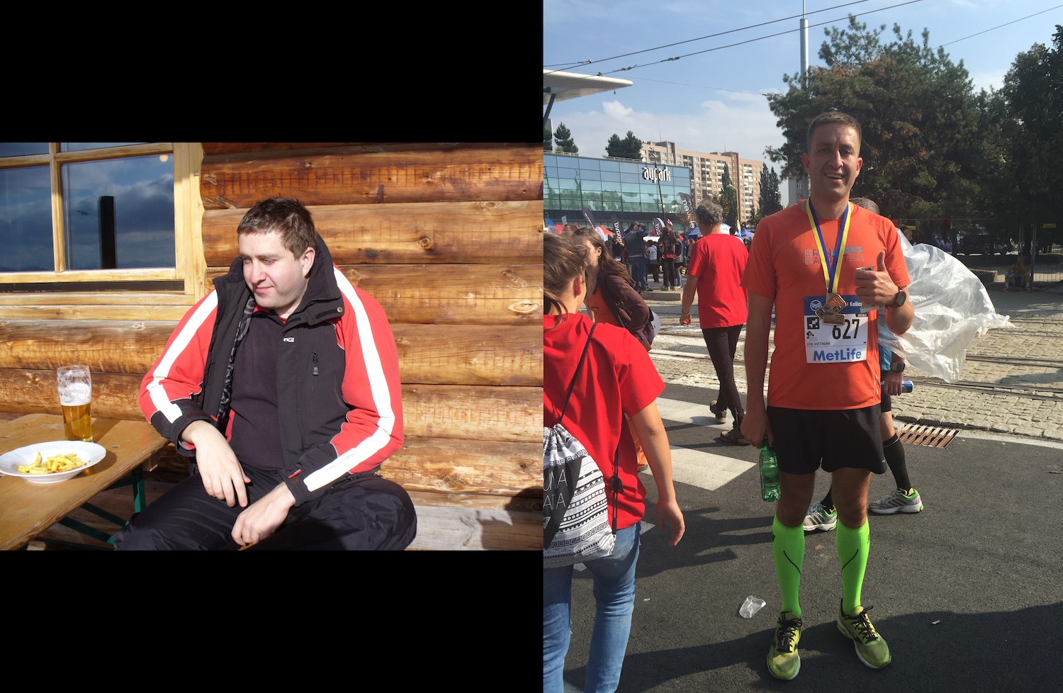 Before and after: sitting at a cabin table, then finishing a marathon