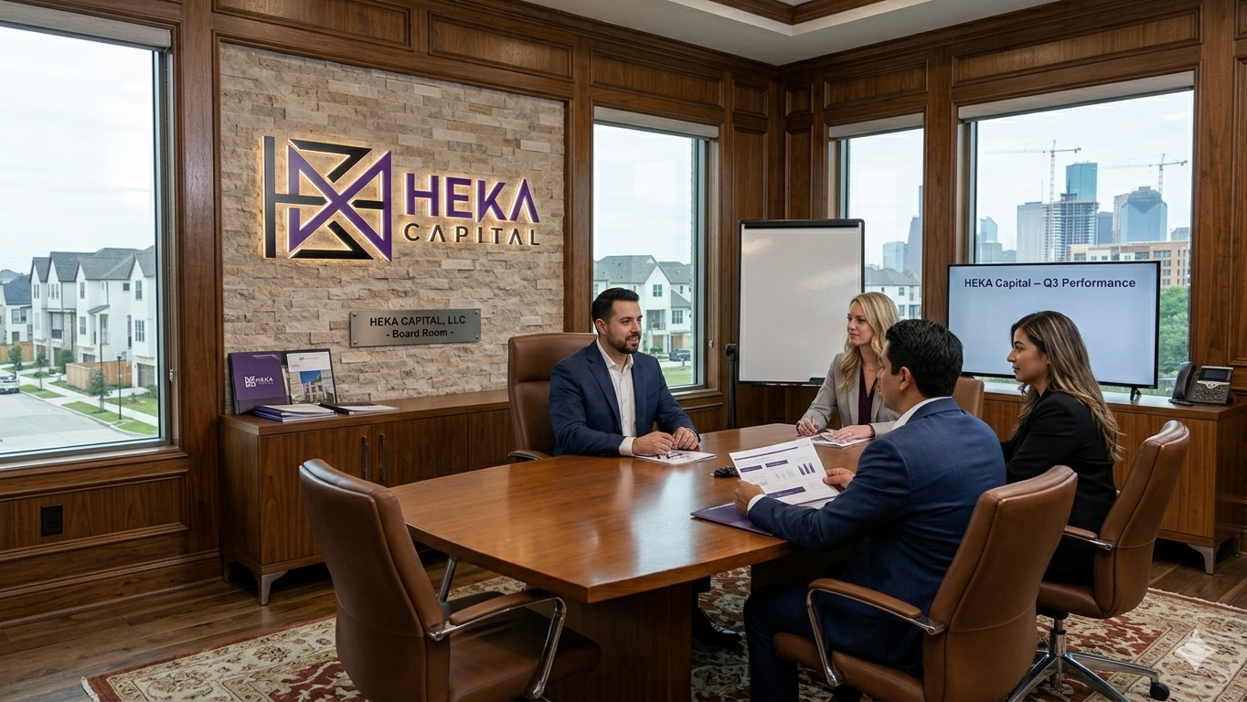 HEKA Capital founders Michael, Liz, and partners discussing strategic growth and fix-and-flip loan performance in the company boardroom.