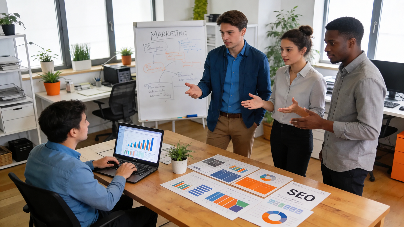 Group of professionals collaborating on digital marketing in a modern office, emphasizing teamwork in SEO and automation