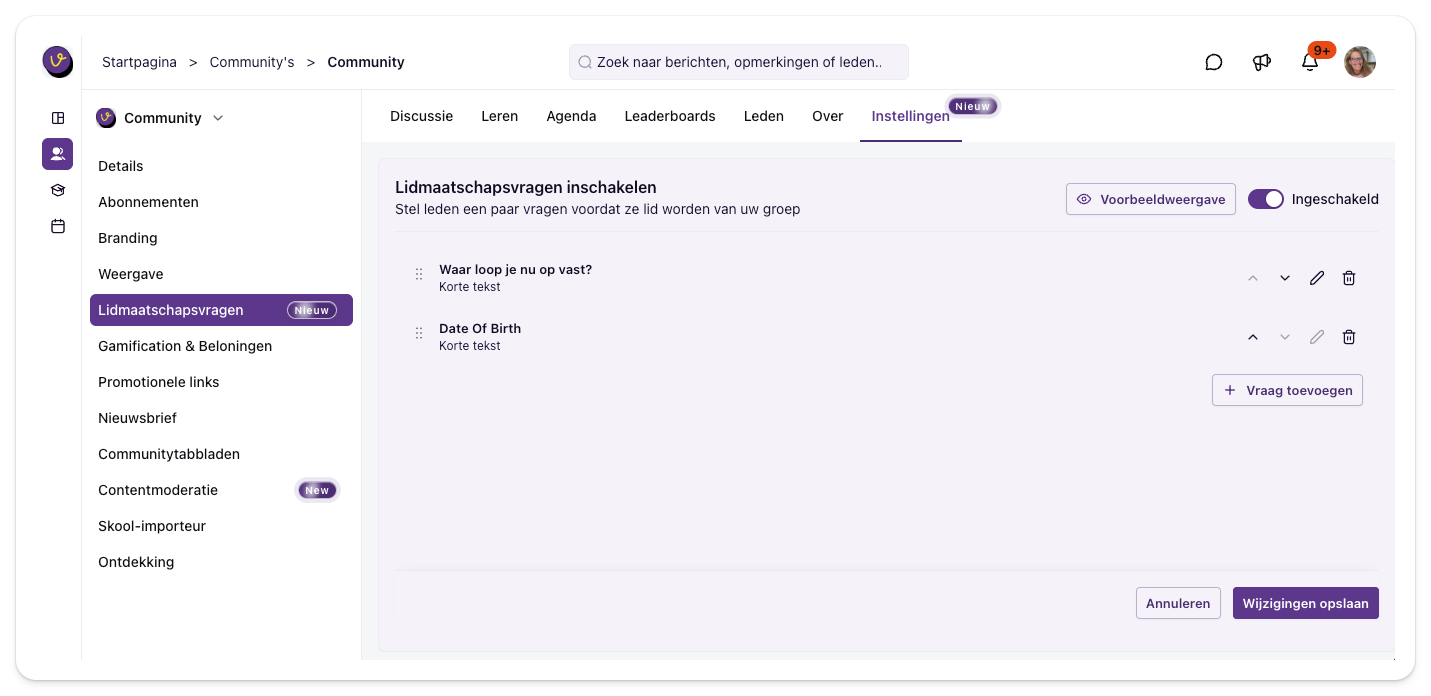 De toelatingsvragen in de instellingen van een groep