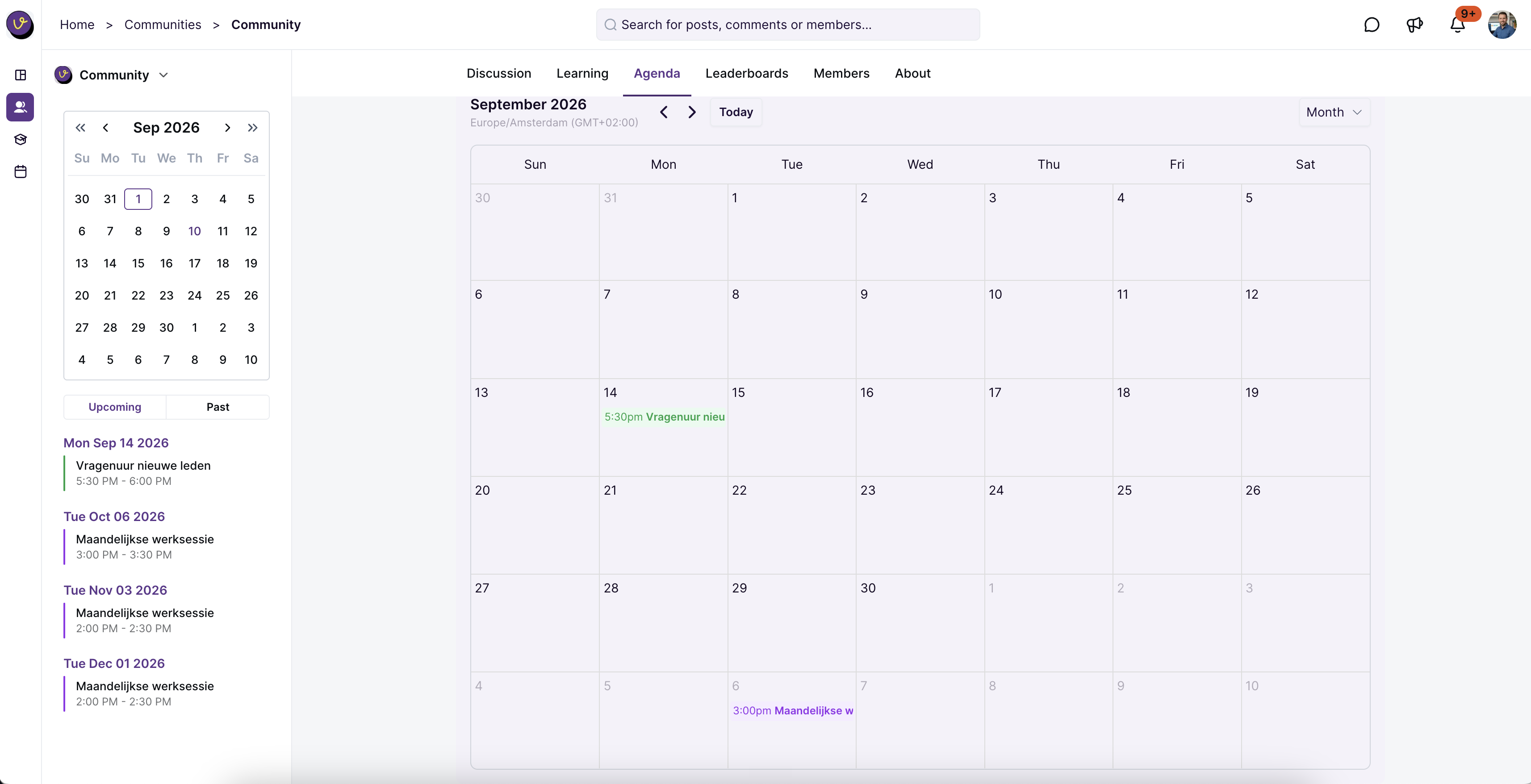 Agenda-overzicht met de aankomende events in de community