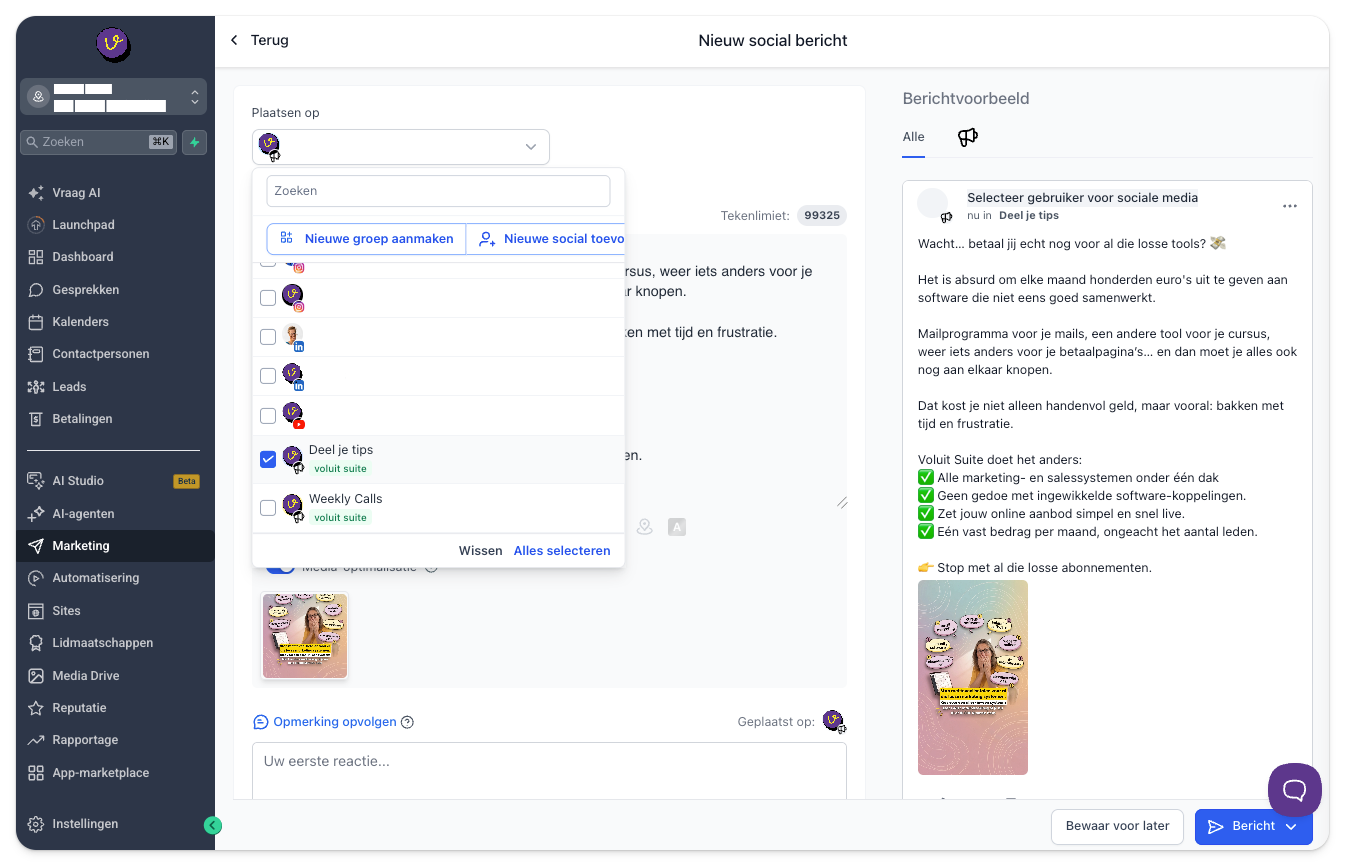 Het community-kanaal selecteren bij een post in de social planner