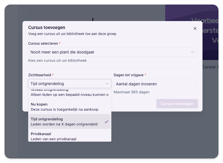 Het scherm met ontgrendelopties voor een cursus