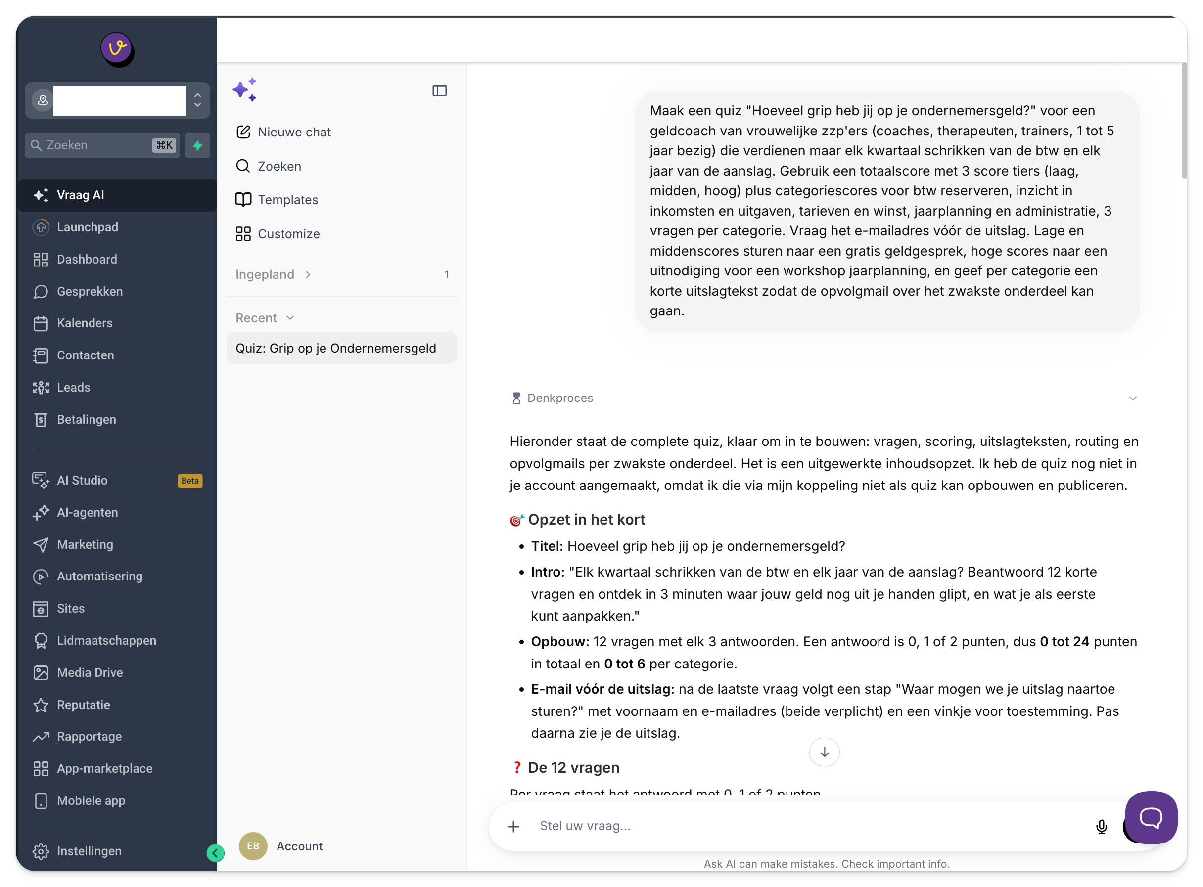 Ask AI zet een eerste versie van een quiz op