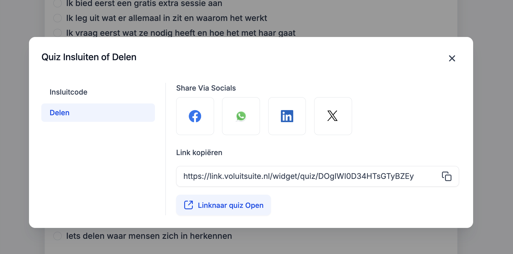 De quiz delen met een link of insluitcode