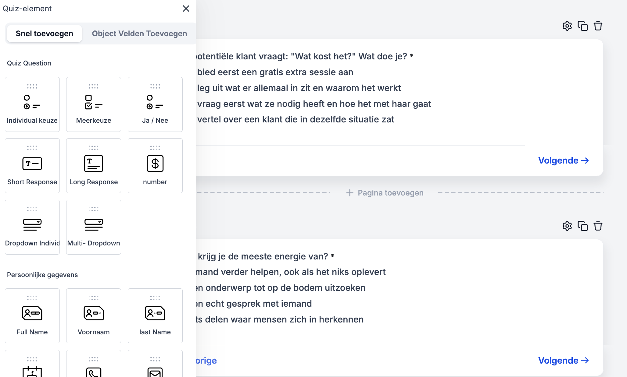 Overzicht van vraagtypes in de quizbouwer van Voluit Suite