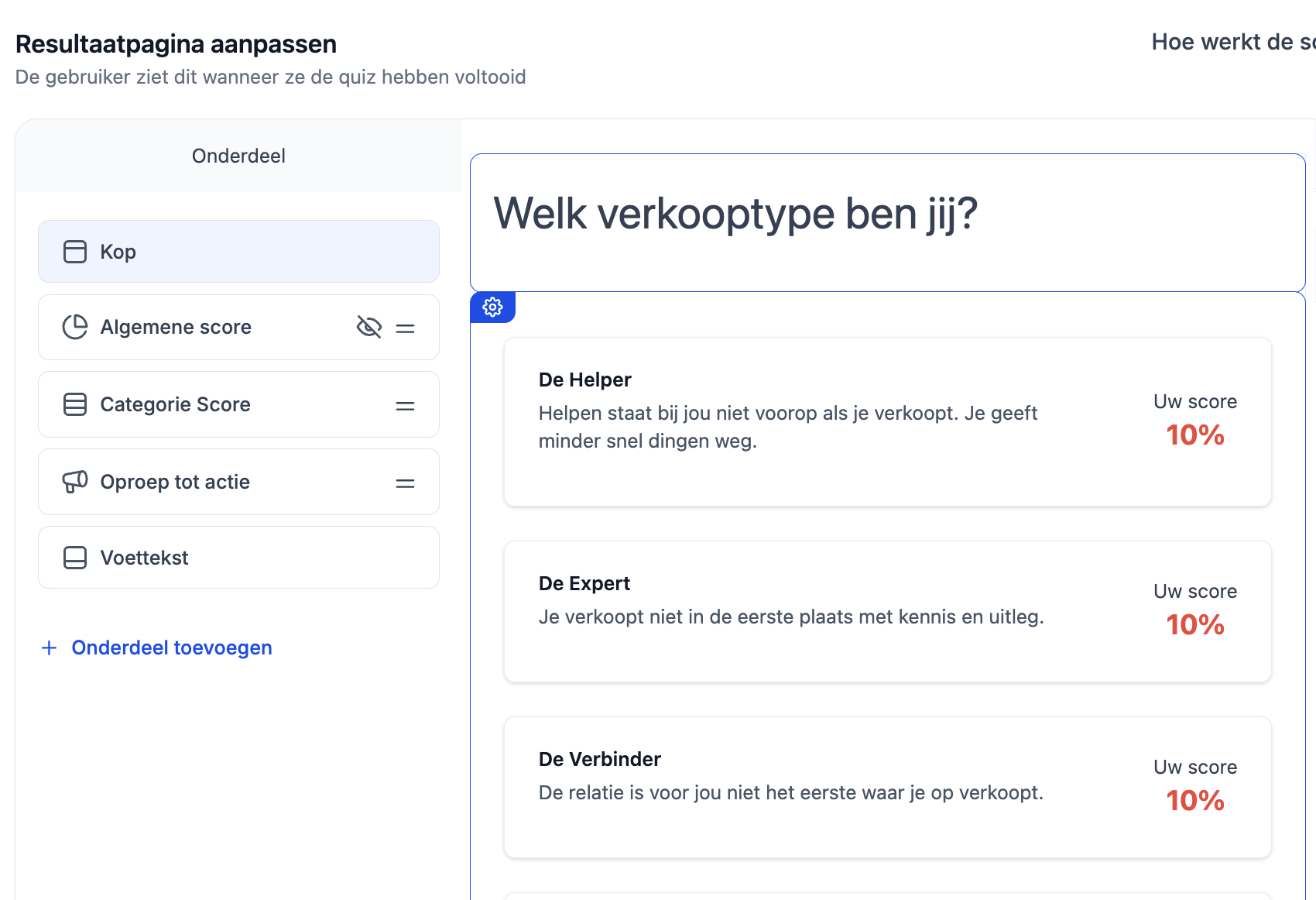 Blokken van de resultaatpagina ordenen en aan- of uitzetten