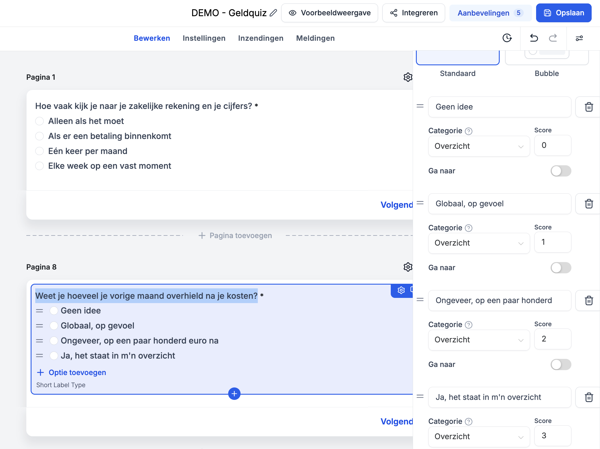 Punten en onderdeel per antwoord instellen in de quizbouwer