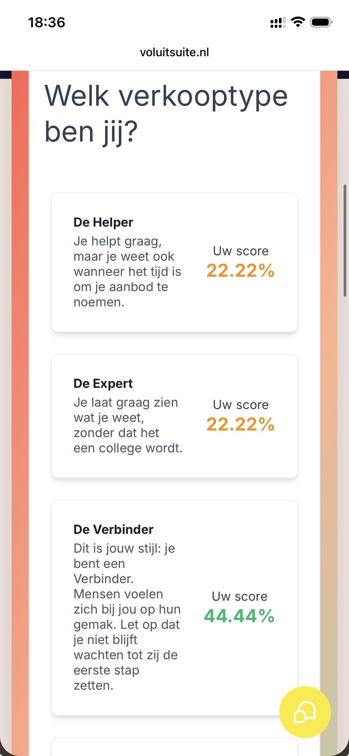 Uitslag van de verkooptype-quiz op mobiel