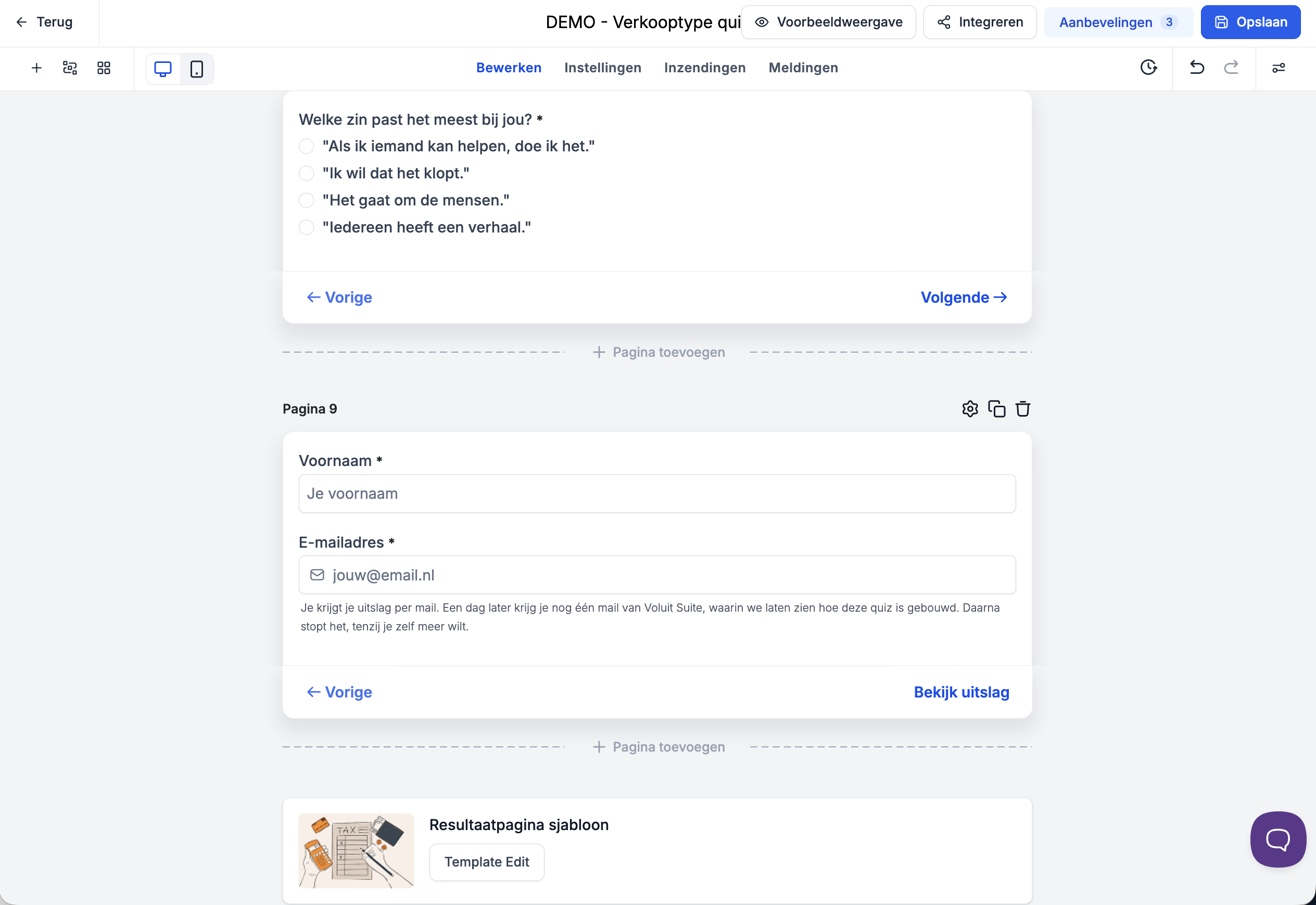 De quizbouwer in Voluit Suite met vragen over meerdere pagina's