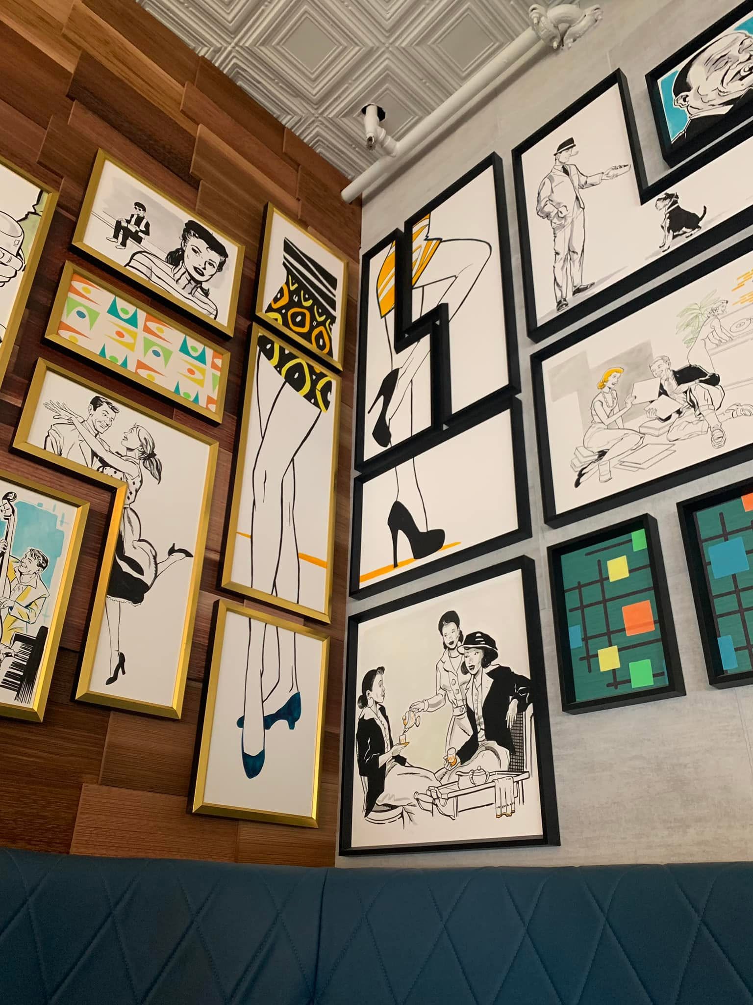Tipsy Egg corner booth illustrated artwork and custom installation