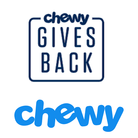 Chewy Gives Back logo above the blue Chewy logo on a white background. Chewy Gives Back logo above the blue Chewy logo on a white background.