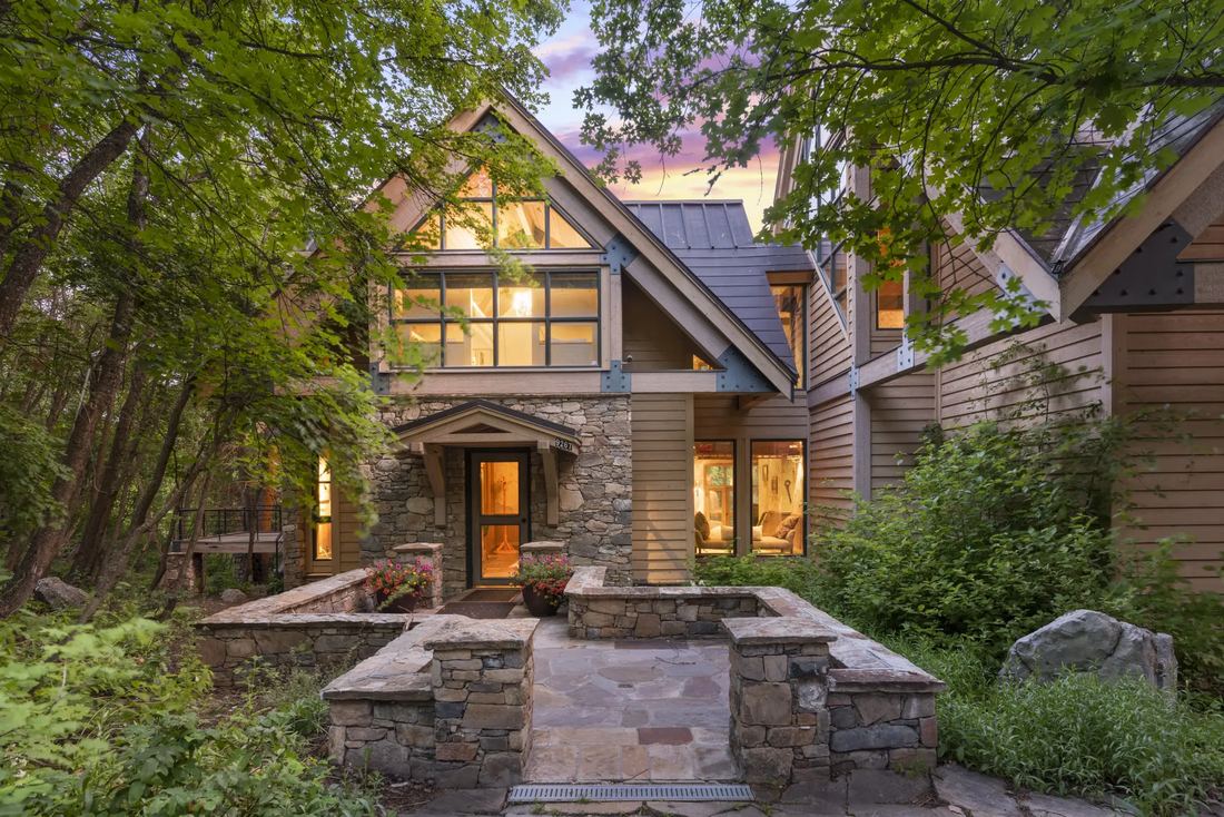 The front of the lodge at dusk