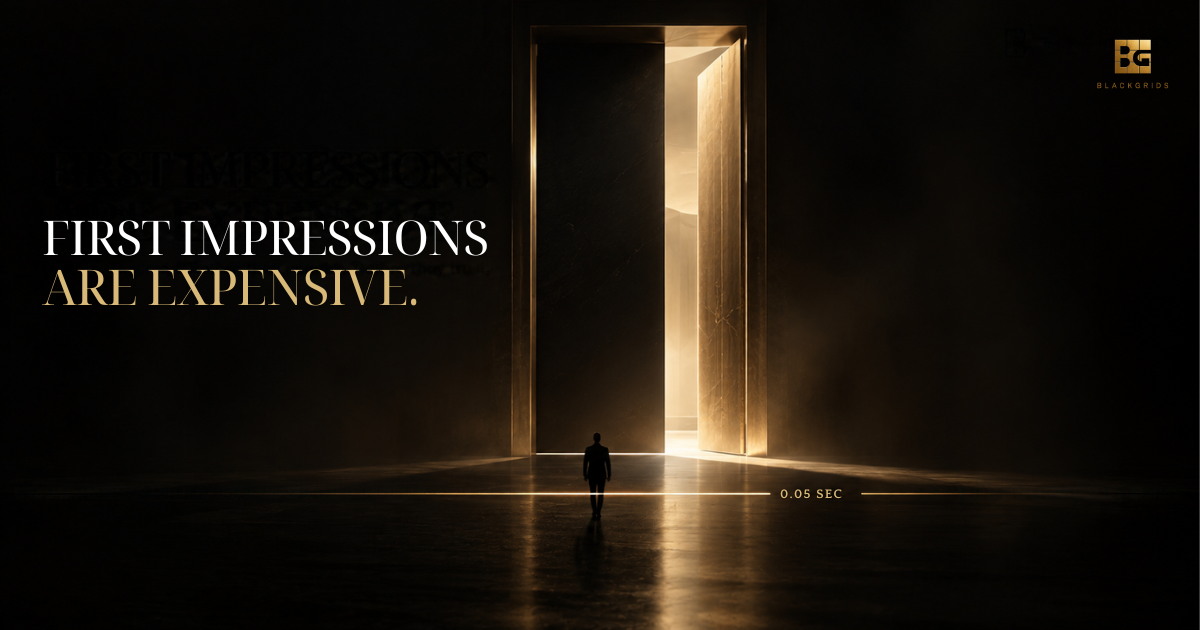 Luxury website design concept showing a person facing a glowing doorway, illustrating the importance of first impressions in business.