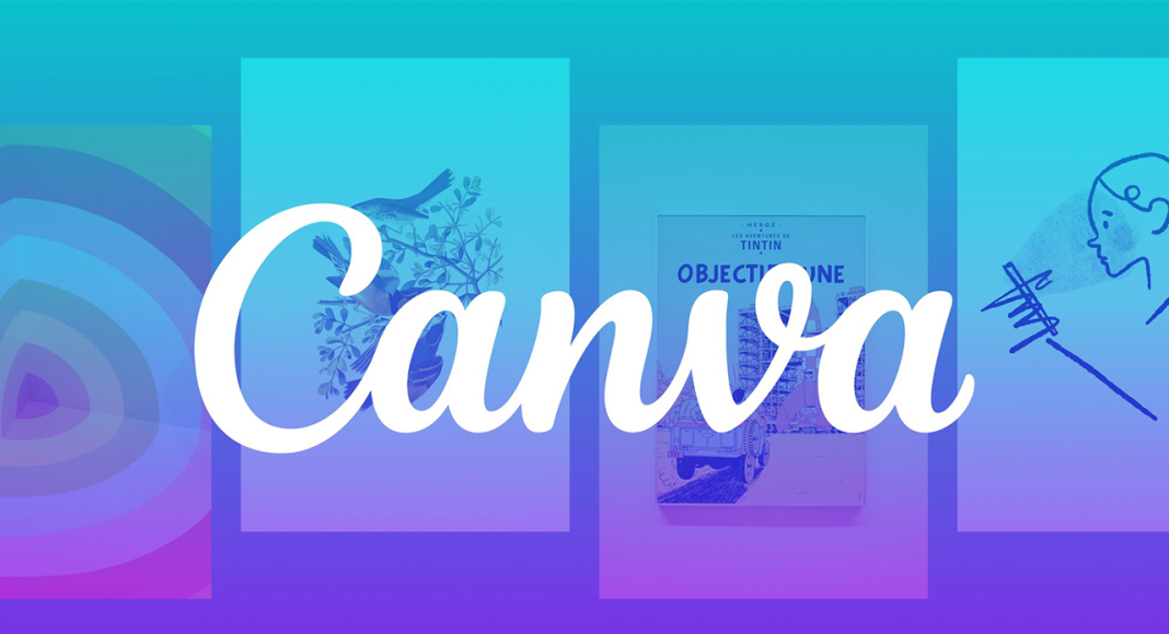 Canva logo displayed in white against a vibrant turquoise, blue and purple gradient background, featuring examples of creative graphic designs.