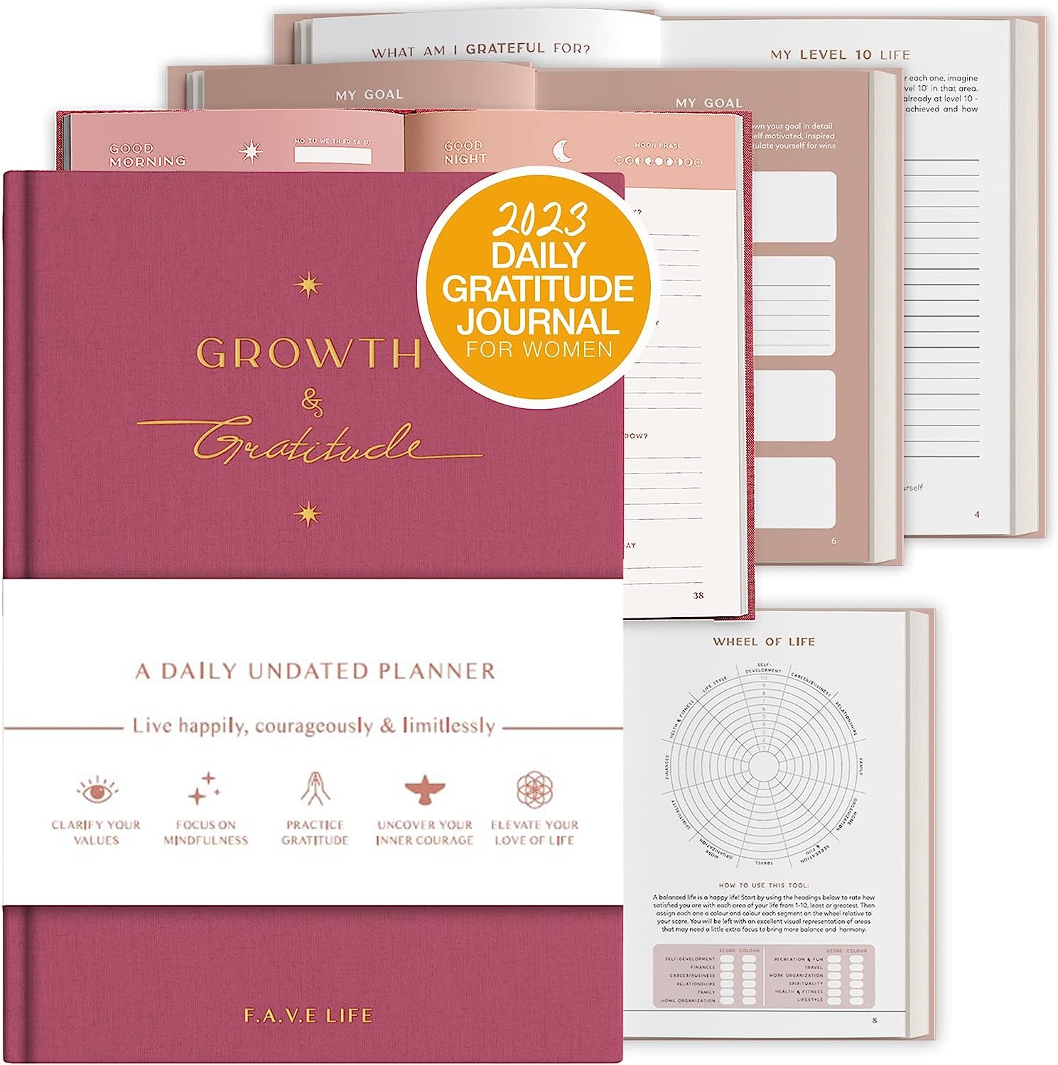 Growth and Gratitude journal shown with sample interior pages including goals, morning and night reflections, gratitude and wheel of life