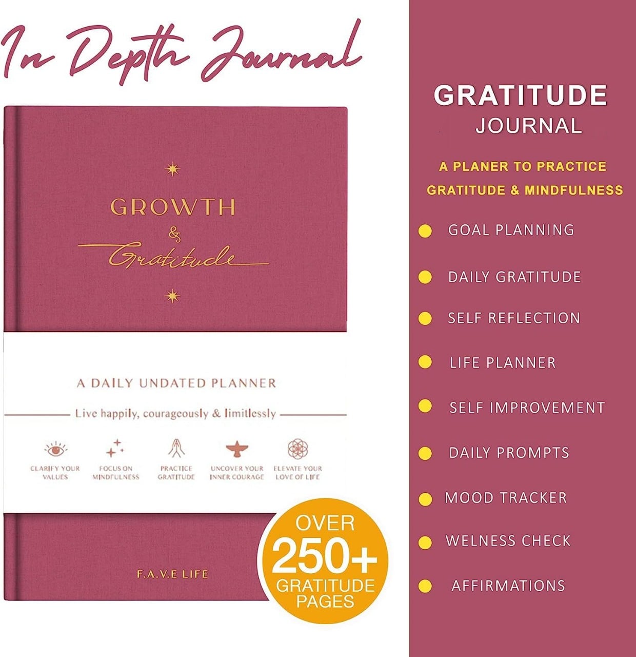 Growth and Gratitude journal with gratitude, mindfulness, goal planning, reflection, affirmations and wellness features