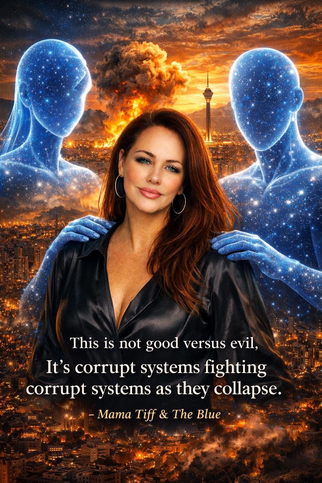 The Blue transmission through Mama Tiff: humanity witnessing the collapse of war-based systems, transition to peace.