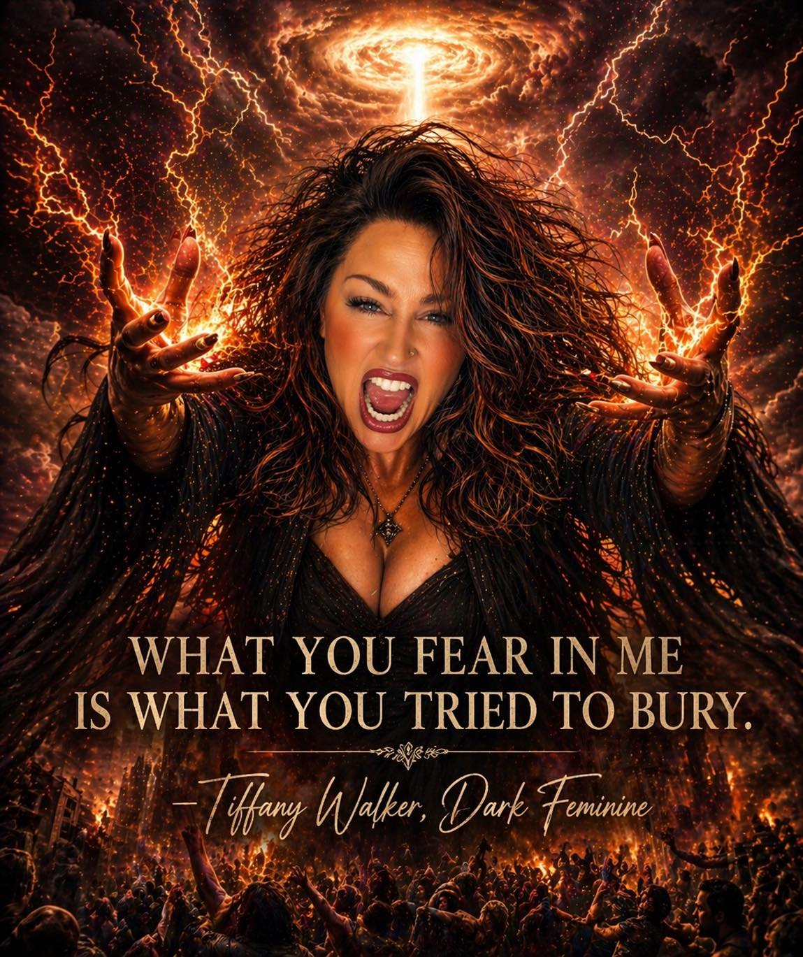 “The Dark Feminine Is Done Pretending” blog post graphic focused on feminine power, rage, and empowerment.