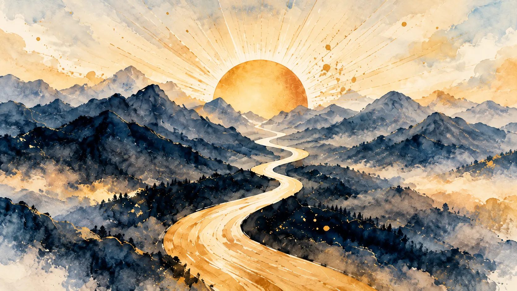 Watercolor sunrise over a winding golden mountain path
