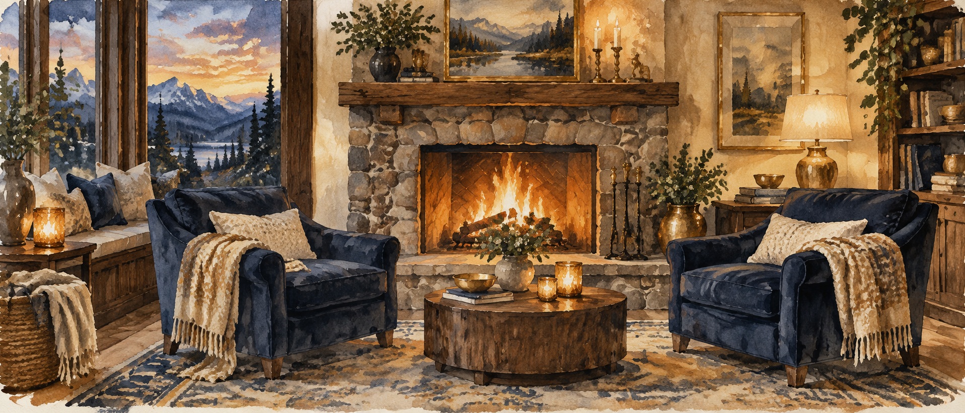 Watercolor gathering room with two navy chairs beside a warm fireplace