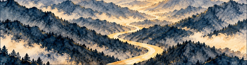 Watercolor golden path continuing through a mountain valley