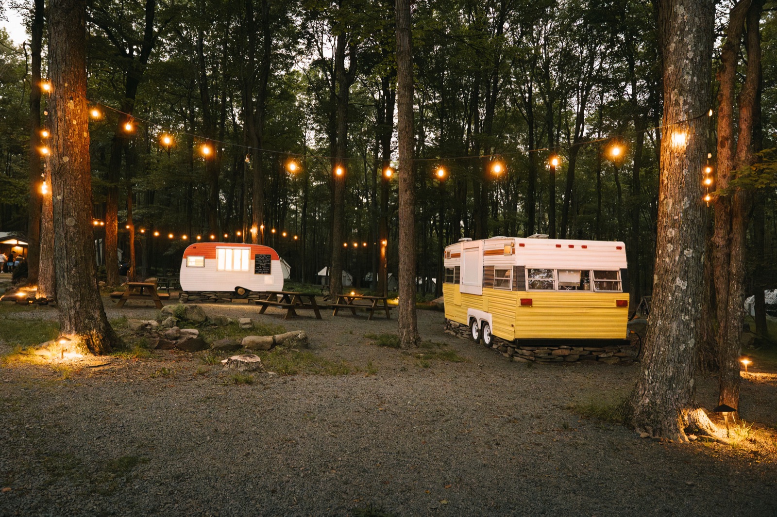 Evening common area with string lights