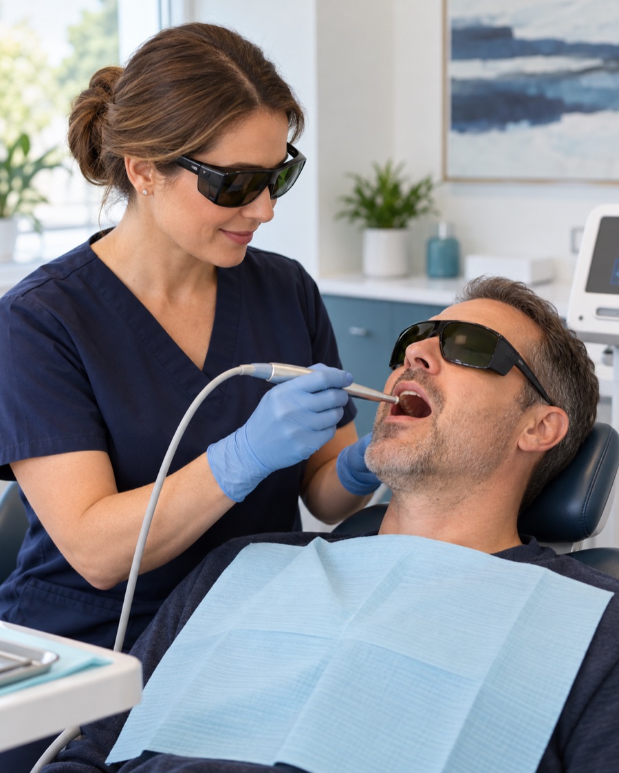 A clinician performing a gentle intraoral laser treatment on an adult patient wearing protective eyewear