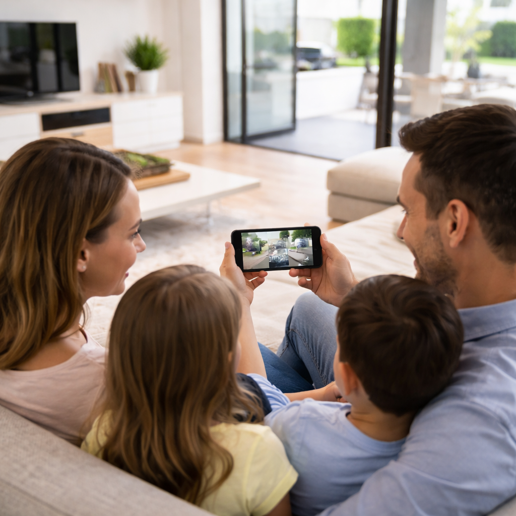 Sydney family using smartphone to monitor home security system inside modern house