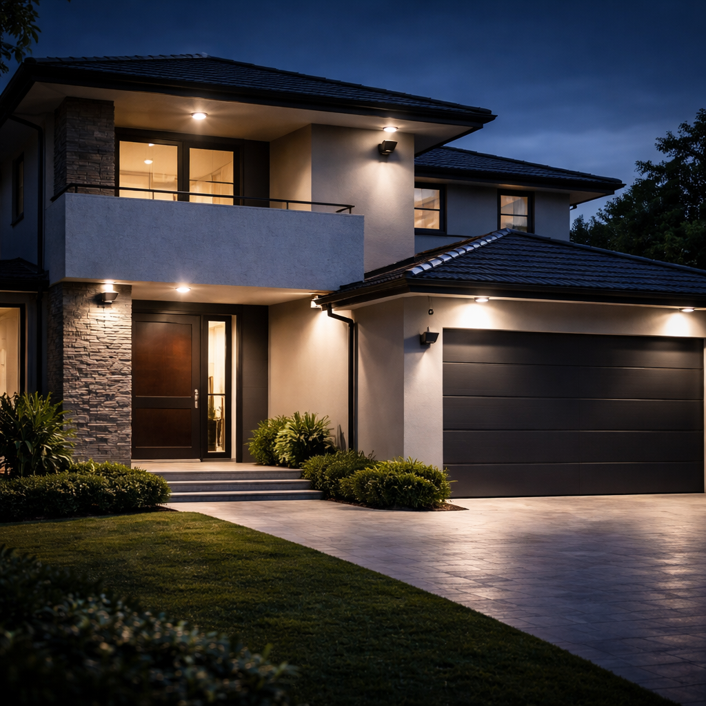 Sydney home at night with security lighting and CCTV cameras providing residential protection
