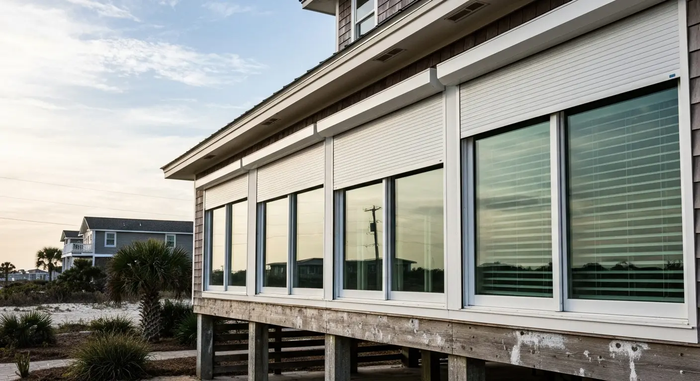 Roll-down hurricane shutters deployed