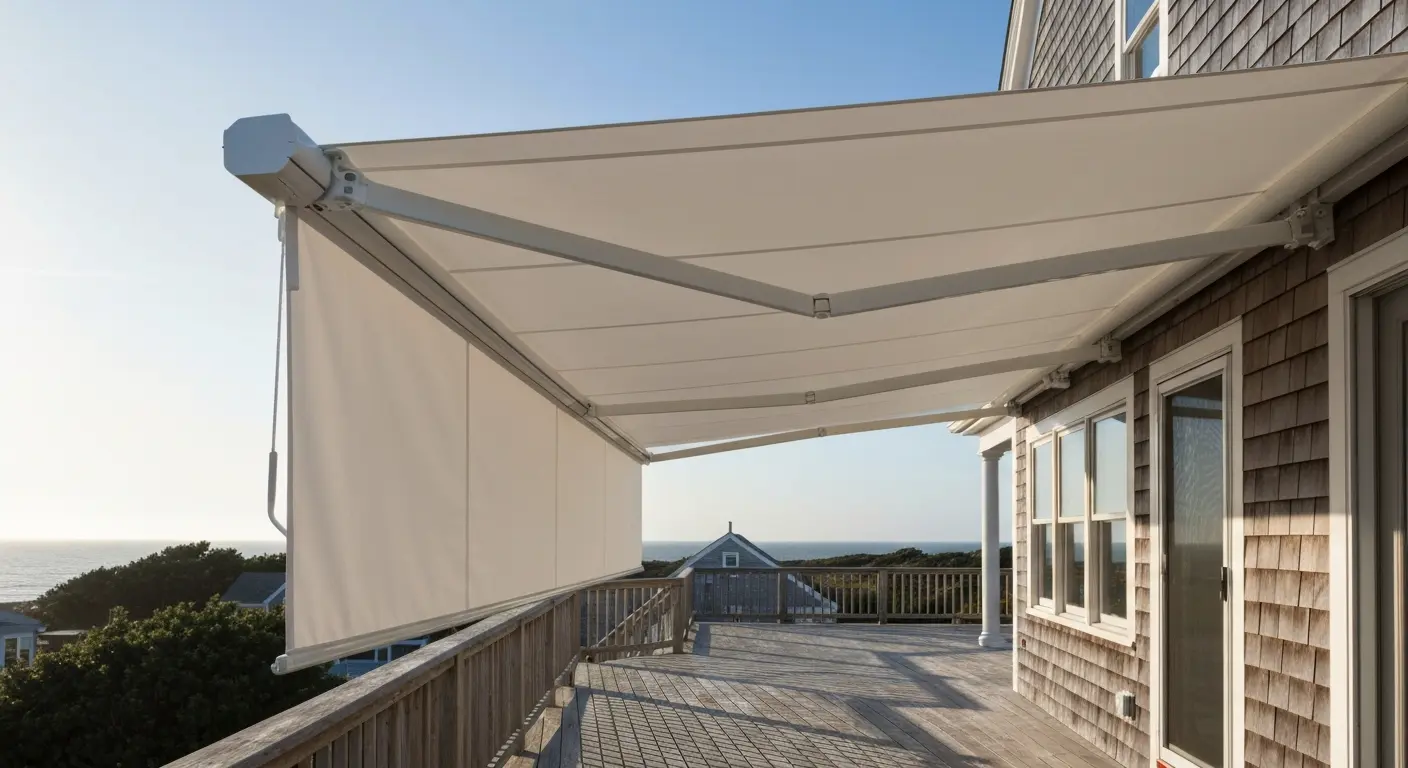 Retractable awning over deck patio space