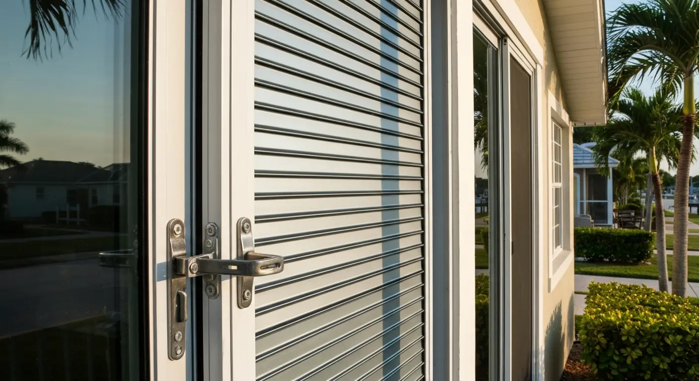 Accordion hurricane shutters closed