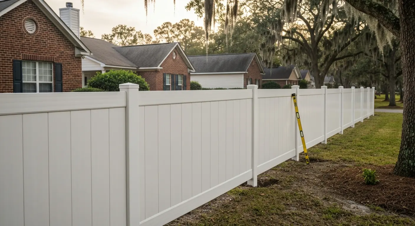 Vinyl fence installation in residential neighborhood