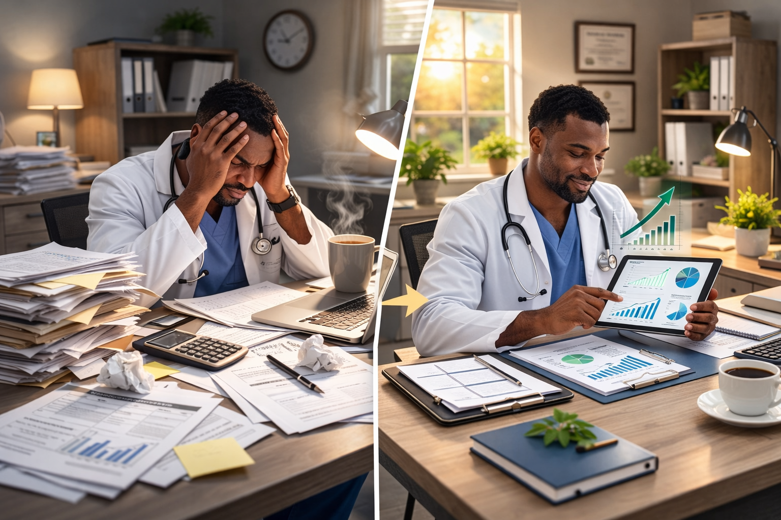 Comparison of stressed physician with paperwork versus organized doctor using digital tools for wealth management for doctors