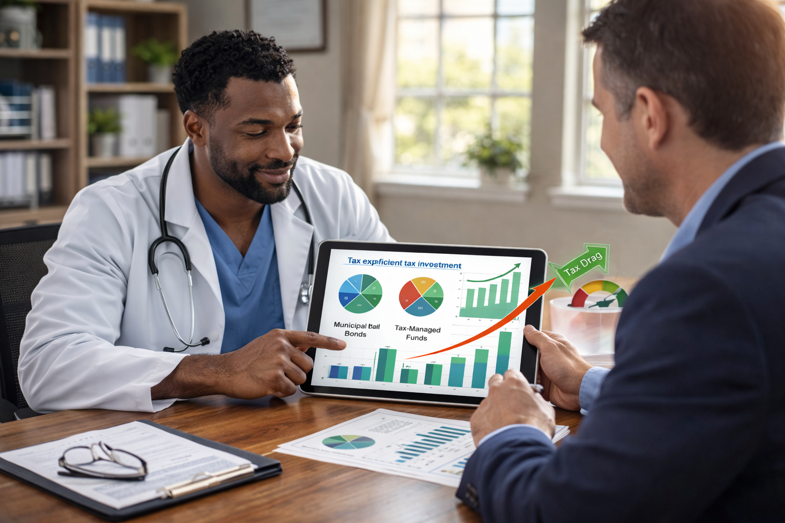 Doctor consulting financial advisor on tax-efficient investment strategies for wealth management for doctors