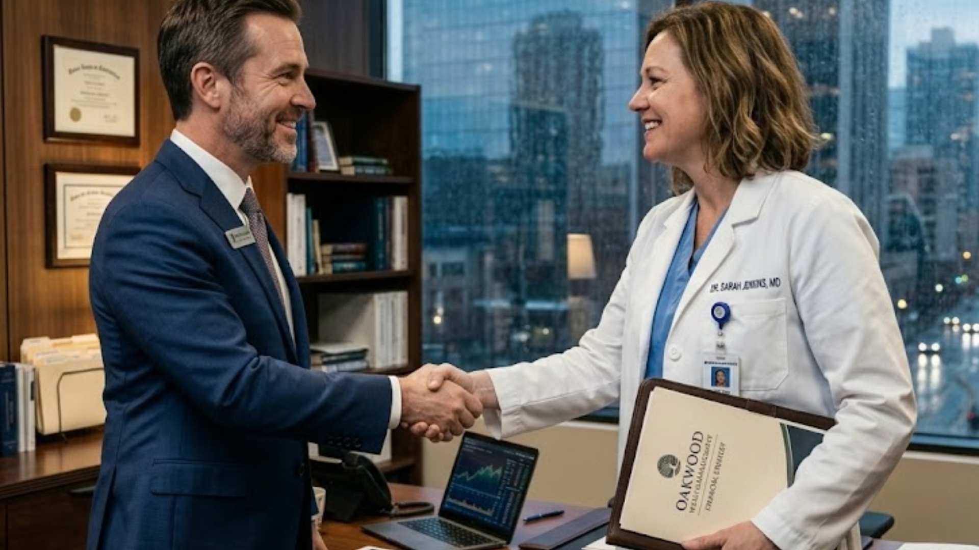 Financial advisors for physicians partnering with a doctor reviewing financial data on a laptop in a professional office.